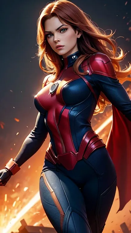 (best quality), (high detail), (perfect body), (marvel comics), (X-Men), (Dark Phoenix), jean Grey from the X-Men comics, (marvel), (superhero), HDR, 4k, 3D