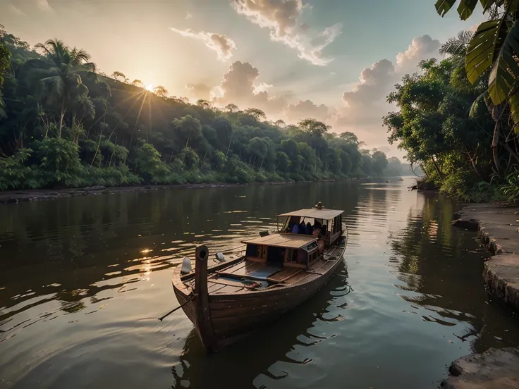 Mekong River, in the jungle of Thailand, at sunset, with realistic textures, ultra hd, realistic, vivid colours, high detail, perfect composition, beautiful detailed complex insanely detailed octane render, artstation trend, 8k art photography, photorealis...