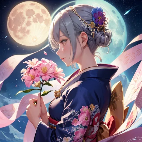 giant moon, 1 girl, alone, short hair, hair decoration, jewelry, kimono, upper body, flower, gray hair, hair flower, necklace, profile, pink flower, blue flower, abstract, vivid is flower, dancing flower, realistic flower