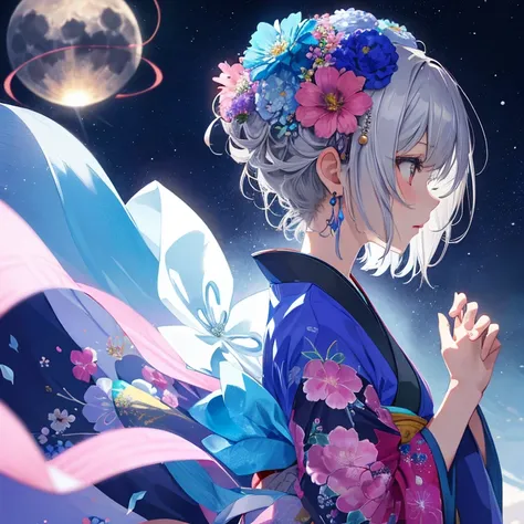 giant moon, 1 girl, alone, short hair, hair decoration, jewelry, kimono, upper body, flower, gray hair, hair flower, necklace, profile, pink flower, blue flower, abstract, vivid is flower, dancing flower, realistic flower