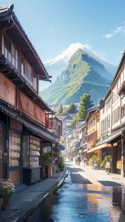 ((Background only)), (masterpiece), (top quality), (details), (realistic), (16k), (exquisite), (absurdres),Shopping Street、vending machine、utility pole、housing、Mt. Haruna in the background、