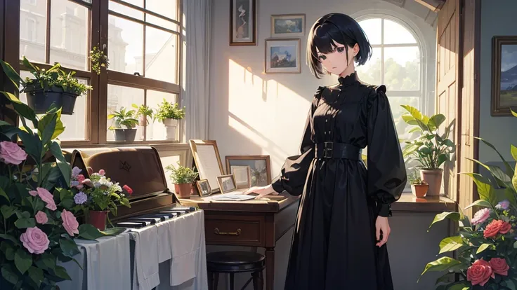 ((Watercolor by singer Sargent))、(highest quality、masterpiece)、1 girl、17 years old、wonderful、short black hair、black eye、small breasts、uniform、long skirt、piano、Draw sheet music for lots of music、score、music、Floral、window、Foliage plant、 wood、soft light、