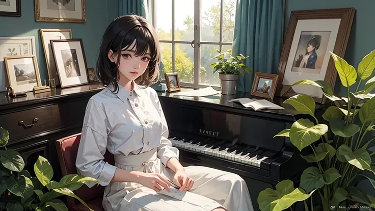 ((Watercolor by singer Sargent))、(highest quality、masterpiece)、1 girl、17 years old、wonderful、short black hair、black eye、small breasts、uniform、long skirt、piano、Draw sheet music for lots of music、score、music、Floral、window、Foliage plant、 wood、soft light、