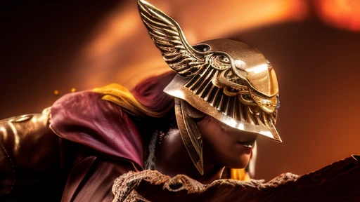 1fille, ((((chef-d&#39;artwork)))), (very detailed), (best quality), (Ultra-detailed),La cape sur le dos,yeux couverts,golden particle effect of winged helmet,flammes rouges de pourriture,4k,Warm cinematic lighting,backlit edge lighting vs radhan
