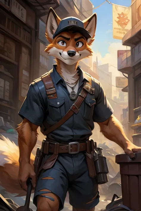 hi-res, good graphics, great anatomy, anatomically correct, digital art, detailed body. Character: Nixo, Age: 26, Male, Race/Species: Anthro Fox, Clothing: Torn clothes, Occupation: Trash collector/Shopkeeper, Living in the sewers. (artists: chunie, xnirox...