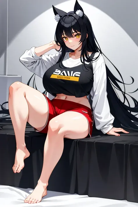 1girl, full body view, Long black hair, messy hair, Yellow eyes, Detailed eyes, Huge breast, huge thighs, massive hips, White plain top, Red shorts, barefoot, big feet, Sitting on bed, Bedroom, Slight smile,