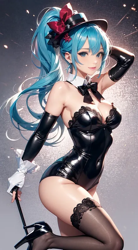 ultra detailed, Hatsune Miku, ((miracle paint)), photorealistic, cinematic lighting, (seductive anime girl), beautiful style, fair skin, beautiful charming anime woman, masterpiece portrait, smile, shining blue eyes, magicians outfit, ((Blue-green long hai...