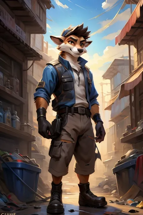 hi-res, good graphics, great anatomy, anatomically correct, digital art, detailed body. Male, Race/Species: Anthro Fox Sheep hybrid, Clothing: Torn and burnt clothes, Occupation: Trash collector/Shopkeeper, Living in the sewers. (artists: chunie, xnirox, P...