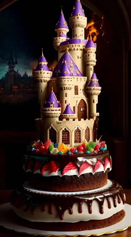 araffe cake with a castle on top of it on a table, cake art, fantasy bakery, cake, 3D amazing details, cake sculpture, the wizards magical tower!!, Ultra-detailed rendering, magic castle, fantasy castle, food 4k, fantasy food, 8k highly detailed ❤🔥 🔥 💀 🤖 🚀...