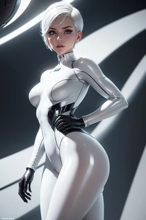 (best quality,8k:1.2,high resolution:1.2),ultra-detalhado,Realistic,retro science fiction female superhero,white short hair,rosto extremamente detalhados,long eyelashes,shiny chrome catsuit, Apertado,pantyhose,gloves,Physically-based rendering,foco nítido,...