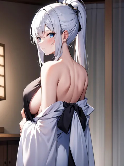 white hair、messy ponytail、black and white kimono、wearing a light blue haori、NSFW 