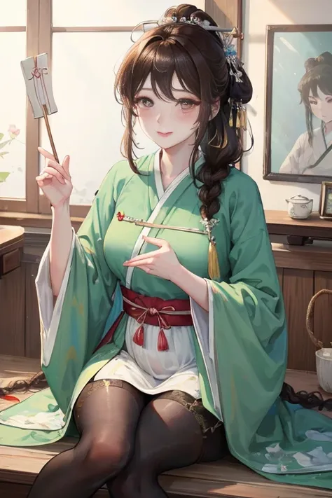 masterpiece, best quality, Married woman，Adult with swollen belly, Chinese style, China, elder sister,  Smile, brown hair, princess cut, Single fried dough stick braid，Black tights，Full of motherhood，Hanfu，Pure desire，blushing