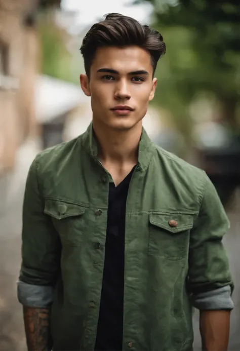 Handsome 20 year old boy, typical Eurasian, emerald green eyes, rare beauty, jawline, he is wearing a casual outfit, his gaze is intense, he is walking in an American residential area