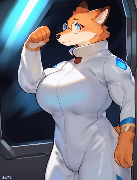 by buta99, by bebebebebe, by chelodoy, solo, female, standing, black hair, short hair, glasses, blue eyes, detailed eyes, canine, orange fur, gold body, big breasts, muscular, buff, large, big, massice, biceps, tall, white spacesuit, spaceship, space, wind...