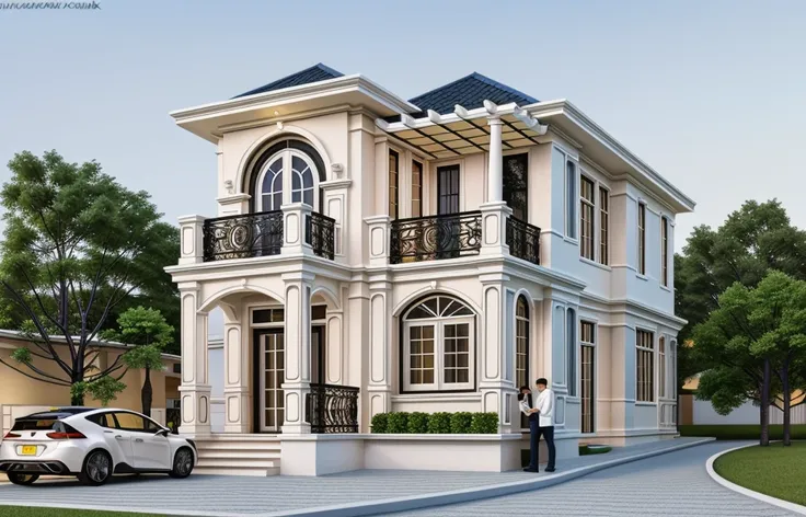 a neoclassic house with an exterior design,{frame checkerboard|column hold|canopies|white color||on balcony}, (curved arch:1.1),...