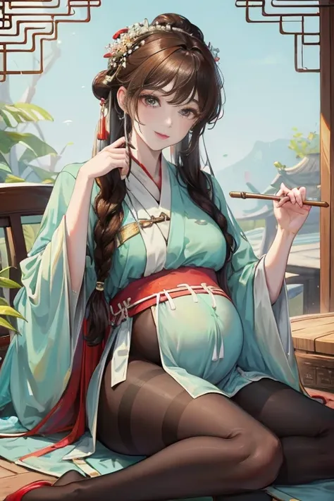 masterpiece, best quality, 1 The male protagonist lies on his wife’s pregnant belly and becomes an adult, Chinese style, China, elder sister,  Smile, brown hair, princess cut, Single fried dough stick braid，Black tights，Full of motherhood，Hanfu，