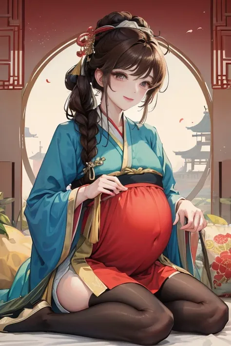 masterpiece, best quality, 1 The male protagonist lies on his wife’s pregnant belly and becomes an adult, Chinese style, China, elder sister,  Smile, brown hair, princess cut, Single fried dough stick braid，Black tights，Full of motherhood，Hanfu，