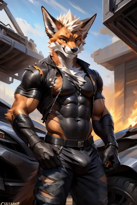 hi-res, good graphics, great anatomy, anatomically correct, digital art, detailed body. Male, Race/Species: Anthro Fox Dragon hybrid, Clothing: Torn and burnt clothes, Occupation: Mechanic. (artists: chunie, xnirox, Todex, T_Y_stars). Bulge