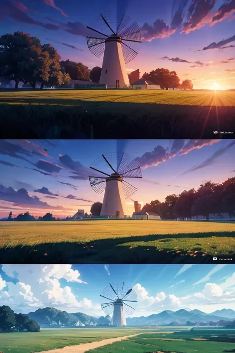 Animation screenshot of several people standing in front of a windmill, Screenshots from animated movies, Ruins Explorer at Dusk, anime scene, Todays featured anime stills, anime rural scenery, anime film still, animation stills, in animated movies, anime ...