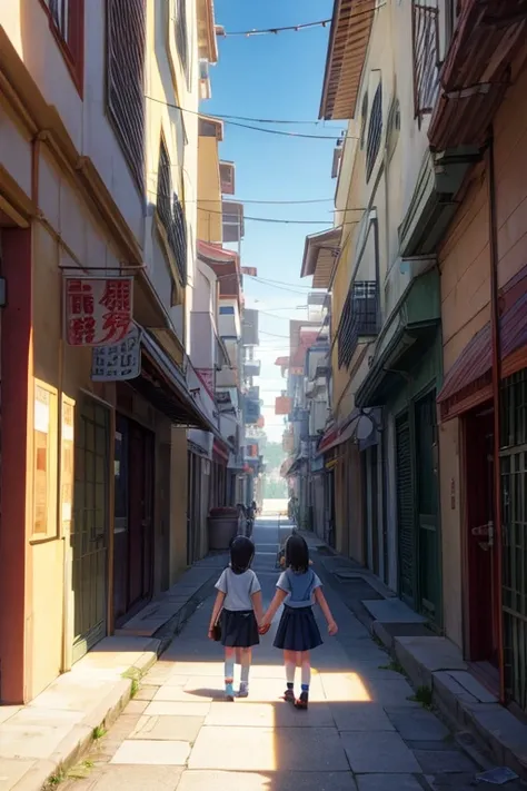 Anime scene of two children standing on the sidewalk in front of a building, anime background艺术, Random background scene, anime background, anime scene, anime scenery, Drawing in animation artist studio, animation still frame, Xin Haicheng. high detail, sm...