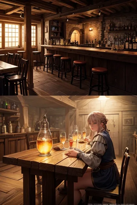 (best quality,4k,8k,highres,masterpiece:1.2), ultra-detailed, (realistic,photorealistic,photo-realistic:1.37), medieval tavern, cozy and dimensional pub, tavern with a fireplace, black clover screenshot, fantasy tavern background, an evening in a medieval ...