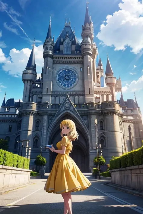 A woman in a yellow dress stands in front of the building, Todays featured anime stills, Screenshots from animated movies, 2 0 1 9 animation screenshots, Popular isekai anime, animation stills, Animation movie screenshots, in animated movies, ( castle in b...