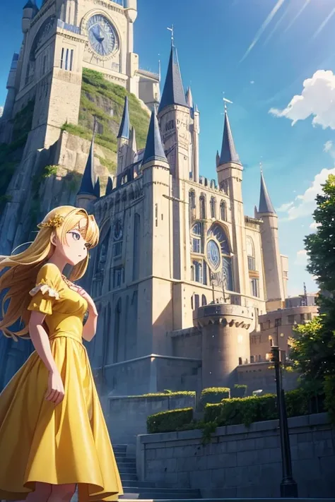 A woman in a yellow dress stands in front of the building, Todays featured anime stills, Screenshots from animated movies, 2 0 1 9 animation screenshots, Popular isekai anime, animation stills, Animation movie screenshots, in animated movies, ( castle in b...