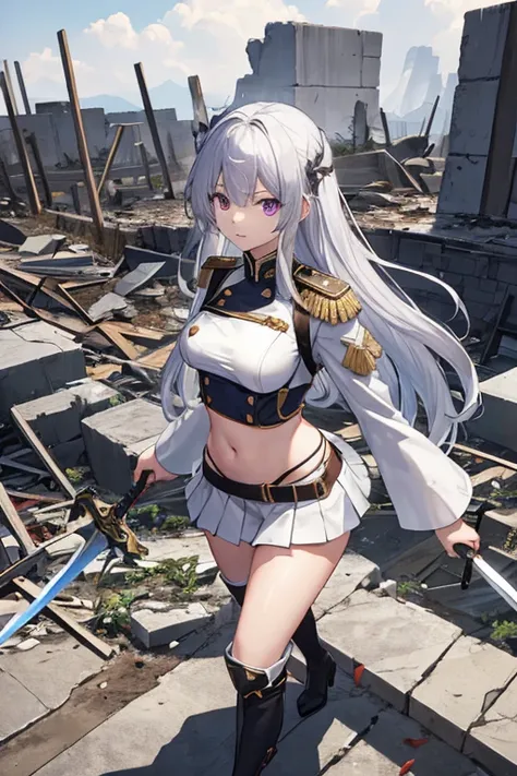 secondary elements、White combat uniform、teenager、beautiful girl、Navel exposure、short skirt、1 girl,medium breasts,Towards the audience,long silver hair,purple eyes,whole body,Military uniform,uniform,have,white skirt,Burn,Togare,Are standing,(Togare),右手に持った...