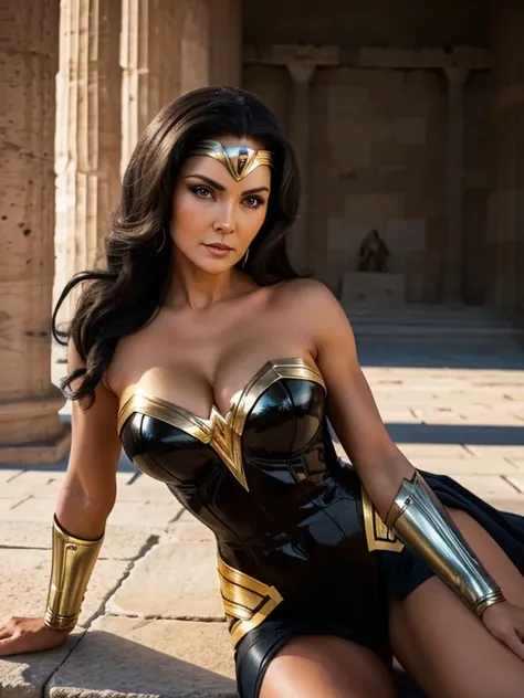 There is a black woman with light skin in a wonderful costume sitting at the Parthenon in Greece, Lynda Carter as the Lord of Hell, Dressed as Wonder Woman, Wonder Woman, hybrid of gal gadot, Photo of beauty Lynda Carter, Sexy painting of Lynda Carter, Lyn...