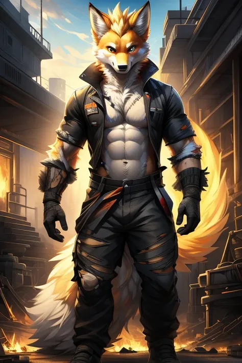 hi-res, good graphics, great anatomy, anatomically correct, digital art, detailed body. Male, Clothing: Torn and burnt clothes, Occupation: Mechanic. (artists: NullGhostArt, Utakoloid/Myiko, edjit, BGN, kitsune youkai)