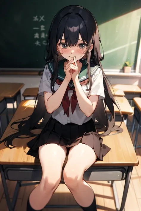 1 person long hair、girl 、、huge 、avert your eyes、Sitting and spreading the crotch、It&#39;s embarassing、blush、Are crying、please keep your mouth shut、classroom(Girl is peeing)