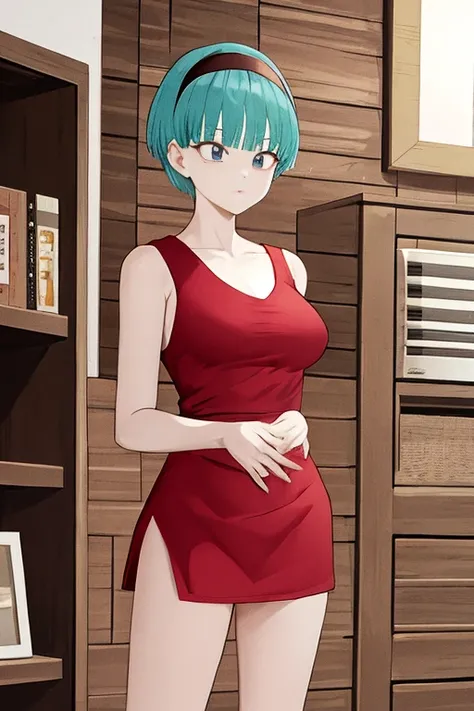 masterpiece, best quality, highres, dragon ball, blmmid, aqua hair, medium hair, blunt bangs, red hairband, medium breasts, shirt, skirt, cowboy shot, indoors, standing,