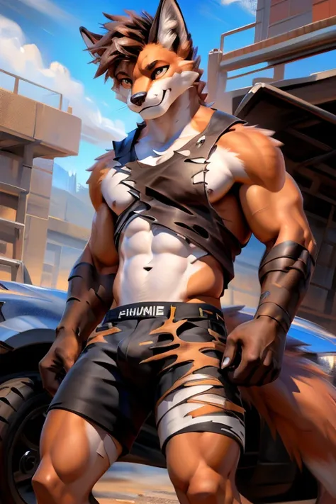 hi-res, good graphics, great anatomy, anatomically correct, digital art, detailed body. Male, Race/Species: Anthro Fox Dragon hybrid, Clothing: Torn and burnt clothes, Occupation: Mechanic. (artists: chunie, xnirox, Todex, T_Y_stars). Bulge, NSFW