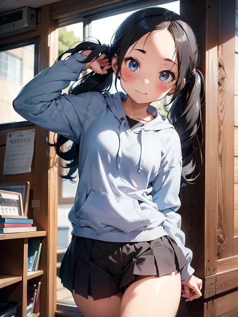 blue bloomers, School, gray hoodie, music room girl photo, Low twintail, ((Forehead)), whole body, (細い太もも),