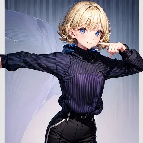 elementary school slender girl((flat )), blonde hair (( straight short hair ))(( a bit smooth curl)), Wears a sweater(( colored blue, black vertical stripes)),wears anorak ((purple and black )), and black long pants, bright smile (( the corners of her mout...