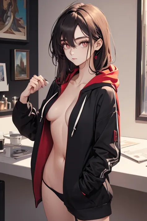 (masterpiece, exquisite beautiful eyes: 1.5), masterpiece ,1 girl,,(Beautiful red eyes),hoodie, no bra