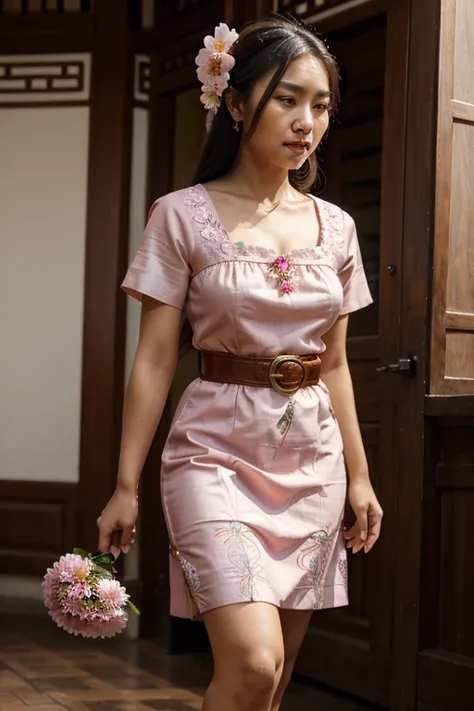 a close up of a woman in a pink dress with a flower on her belt, a picture by I Ketut Soki, tumblr, dau-al-set, nivanh chanthara, traditional beauty, traditional dress, south east asian with long, lovely woman, traditional art, in style of lam manh, sukhot...