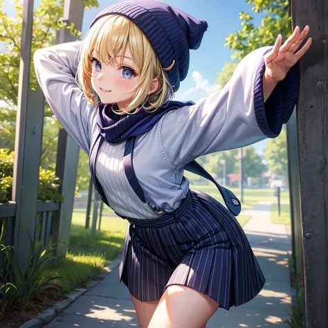 elementary school slender girl((flat )), blonde hair (( straight short hair ))(( a bit smooth curl)), Wearing a sweater(( colored blue, black vertical stripes)), anorak ((purple and indigo )), and black long pants,white beanie and deep blue muffler, bright...