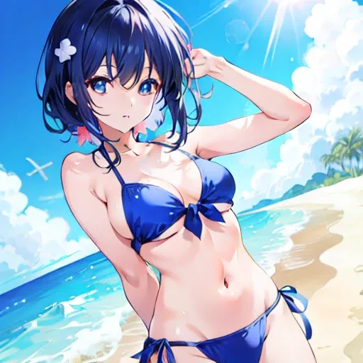 anime girl in a bikini on the beach with a blue sky in the background, realistic bikini, seductive anime girl, on the beach, on the beach, anime moe art style, on the beach, is wearing a swimsuit, Smooth anime CG art, swimsuit, 晴れたon the beach, I&#39;m on ...