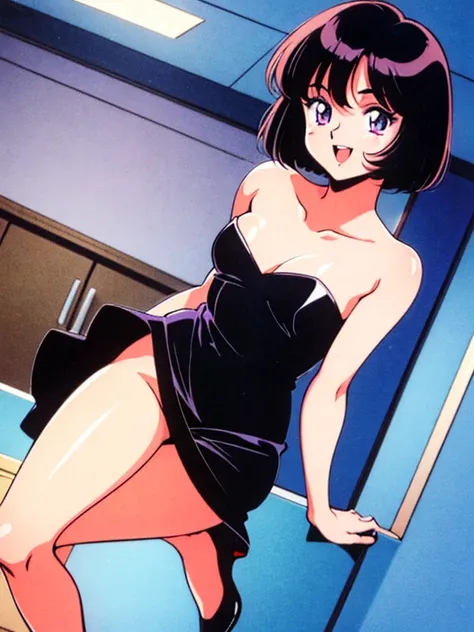 1990s anime cels style, Cartoon style of the 1990s, (flat color:1.2), vivid colors, best quality, high resolution, solo, indoors, (medium breasts:1.2), retro anime, sharp, Defined lines, Detailed, makeup, Beautiful face, gorgeous eyes, smile, Hotaru Tomoe,...