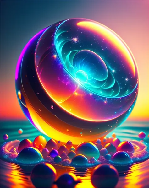 Alberto Severo art, Agregar muchos efectos de gotas y salpicaduras multicolores) ,Arafed image of a glowing orb with water splashing from it, esfera brillante, Render de octanaje colorido, Bola de cristal, globo de plasma, bola de cristal, Cinema 4D render...