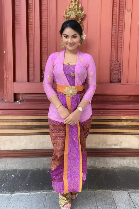 a woman in a pink and purple dress standing on a paved walkway, a picture inspired by I Ketut Soki, instagram, happening, wearing an ornate outfit, traditional beauty, with beautiful exotic, wearing pink floral chiton, batik, traditional dress, wearing bea...