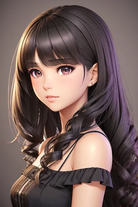 Detailed art, 3d character portrait, high resolution portrait, girl with Brazilian and Asian features, Japanese-like eyes, small and elegant lips, wavy hair with long bangs that extend a little past her light brown shoulders, deep gray eyes , soft purple a...