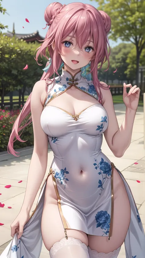 (best quality,4k,8k,highres,masterpiece:1.2),ultra-detailed,(realistic,photorealistic,photo-realistic:1.37),anime,breasts,pink hair,dress,navel,thighhighs,blue eyes,long hair,1girl,navel cutout,china dress,chinese clothes,clothing cutout,braid,large breast...