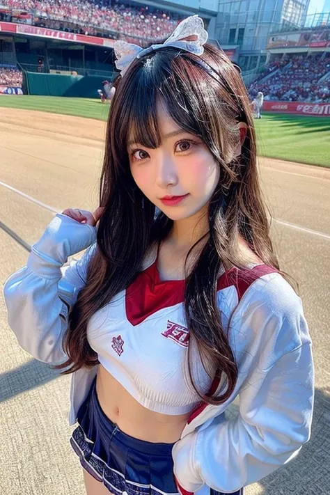 (highest quality、8K、32K、masterpiece、nffsw:1.2)、photo of cute japanese woman、beautiful chest、medium breasts、long hair、full body shot、Lace pattern underwear、balanced body、((cosplay、cheerleader))、baseball Ground