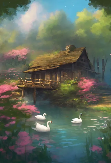 An old cabin by the pound, bamboo bridge, swans are in the water, flowers are blooming alongside the carvy road, inspired by Thomas Kinkade, 