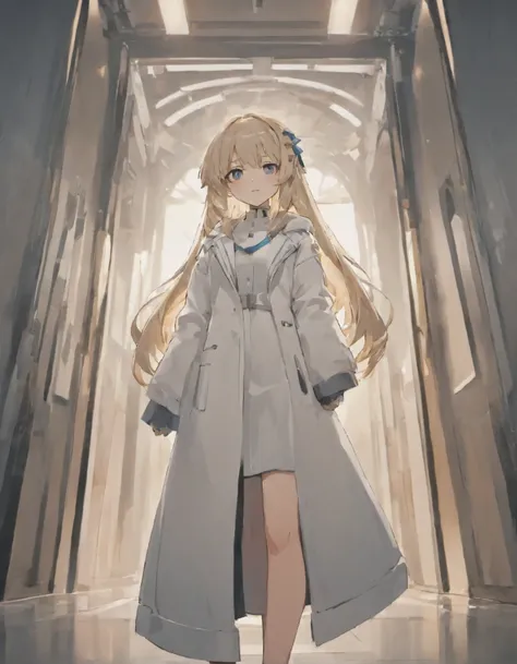 anime girl with long hair and white coat standing in a hallway, girls frontline style, from girls frontline, from arknights, portrait anime space cadet girl, cute anime girl, anime visual of a cute girl, silver hair girl, an anime girl, anime mecha aesthet...