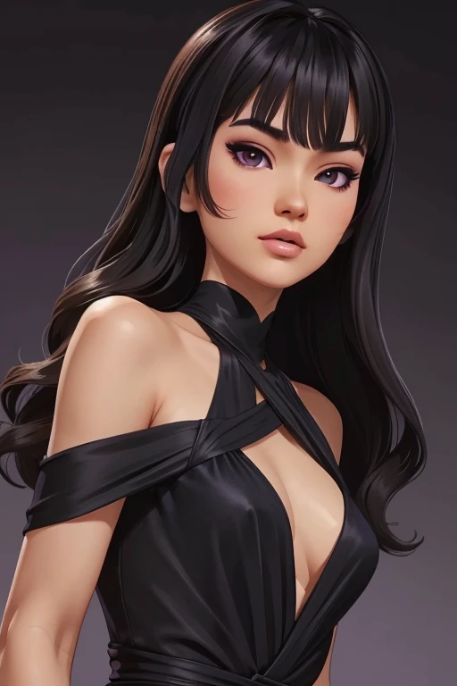 Detailed art, art sketch, sketch drawing, girl with Brazilian and Asian features, Japanese-like eyes, small and elegant lips, wavy hair with long bangs that extend a little past her light brown shoulders, deep gray eyes, makeup soft in purple and black eye...