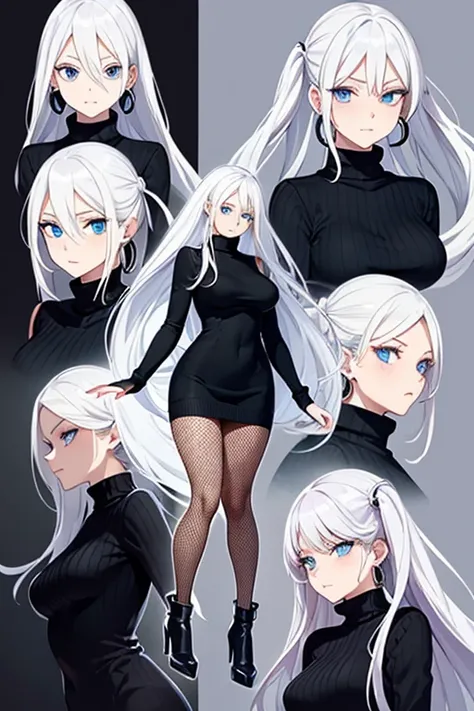 character concept art, multiple different angles, woman, white hair, blue eyes ,black turtleneck sweater dress, fishnet tights, black high heels, silver hoop earrings, long hair, good face, good eyes, my hero academia style