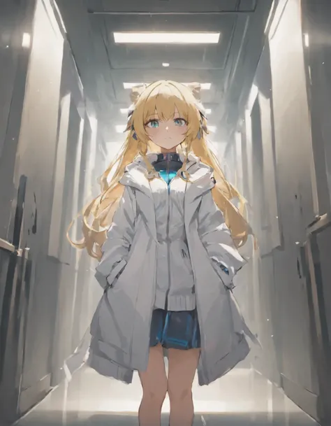 anime girl with long hair and white coat standing in a hallway, girls frontline style, from girls frontline, from arknights, portrait anime space cadet girl, cute anime girl, anime visual of a cute girl, silver hair girl, an anime girl, anime mecha aesthet...